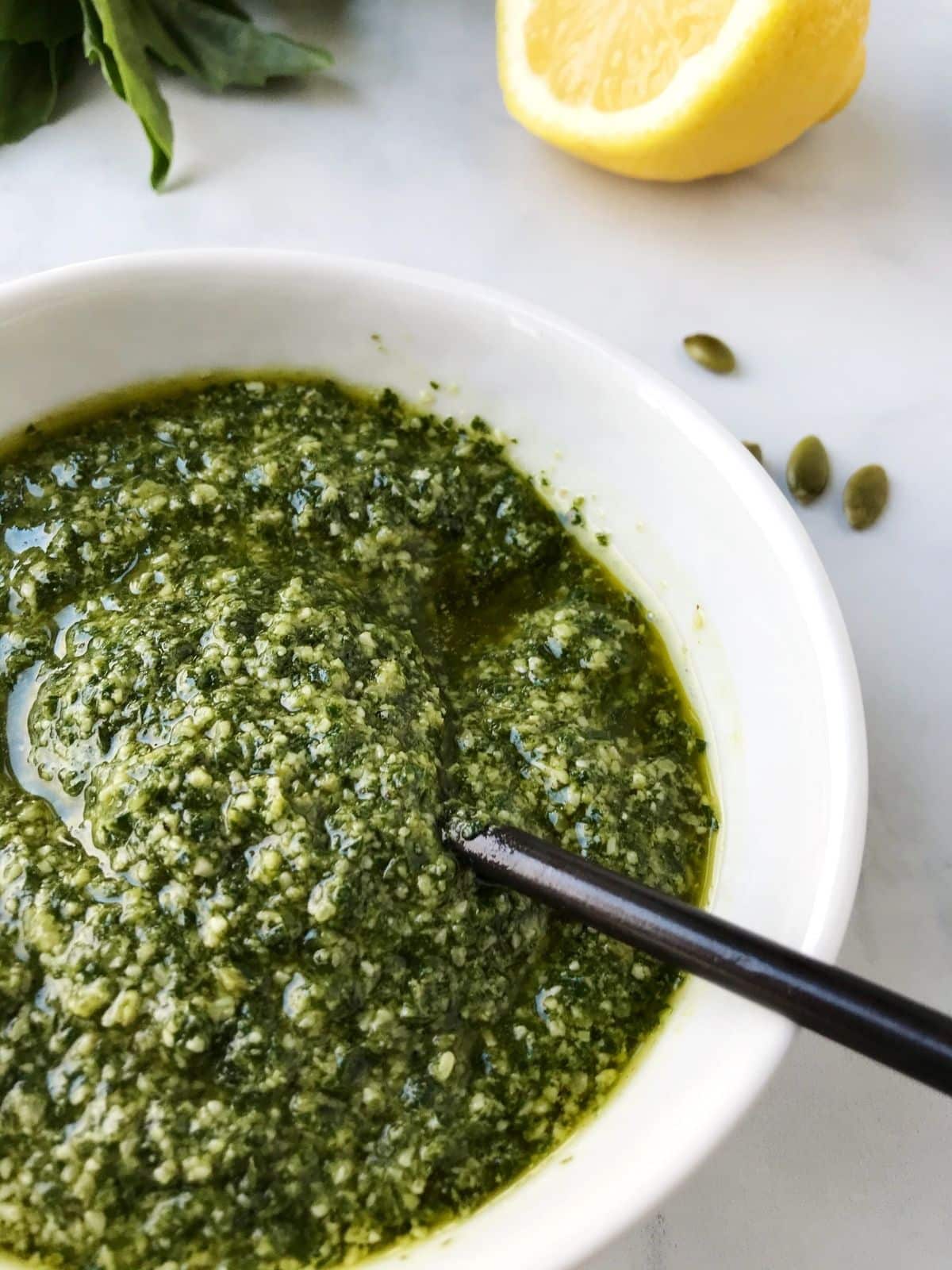 close up of dish of pesto