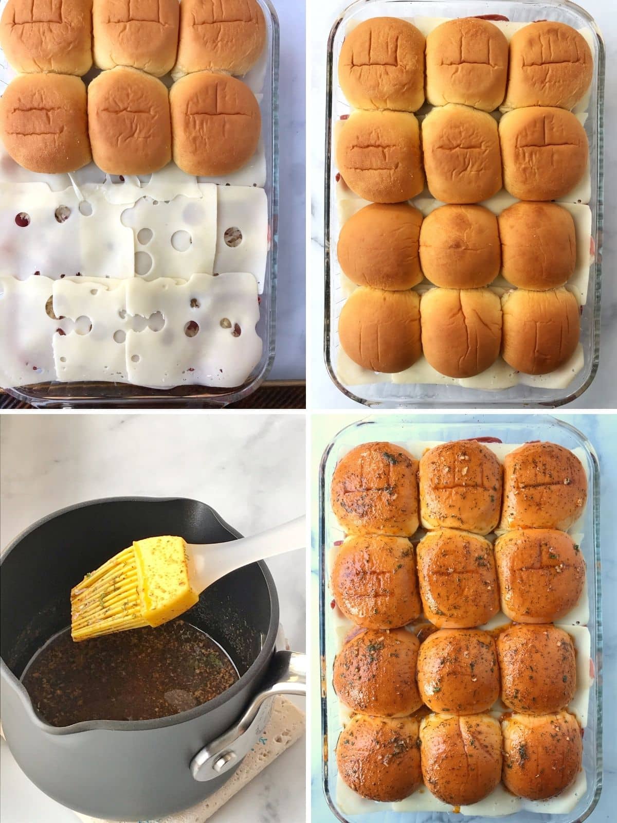 assembling sliders - top with cheese, then bun tops, then brush with melted butter
