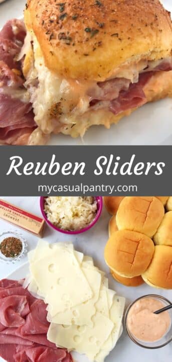 ingredients for assembling - corned beef, cheese, dressing, sauerkraut, buns and a warm slider with cheese melting