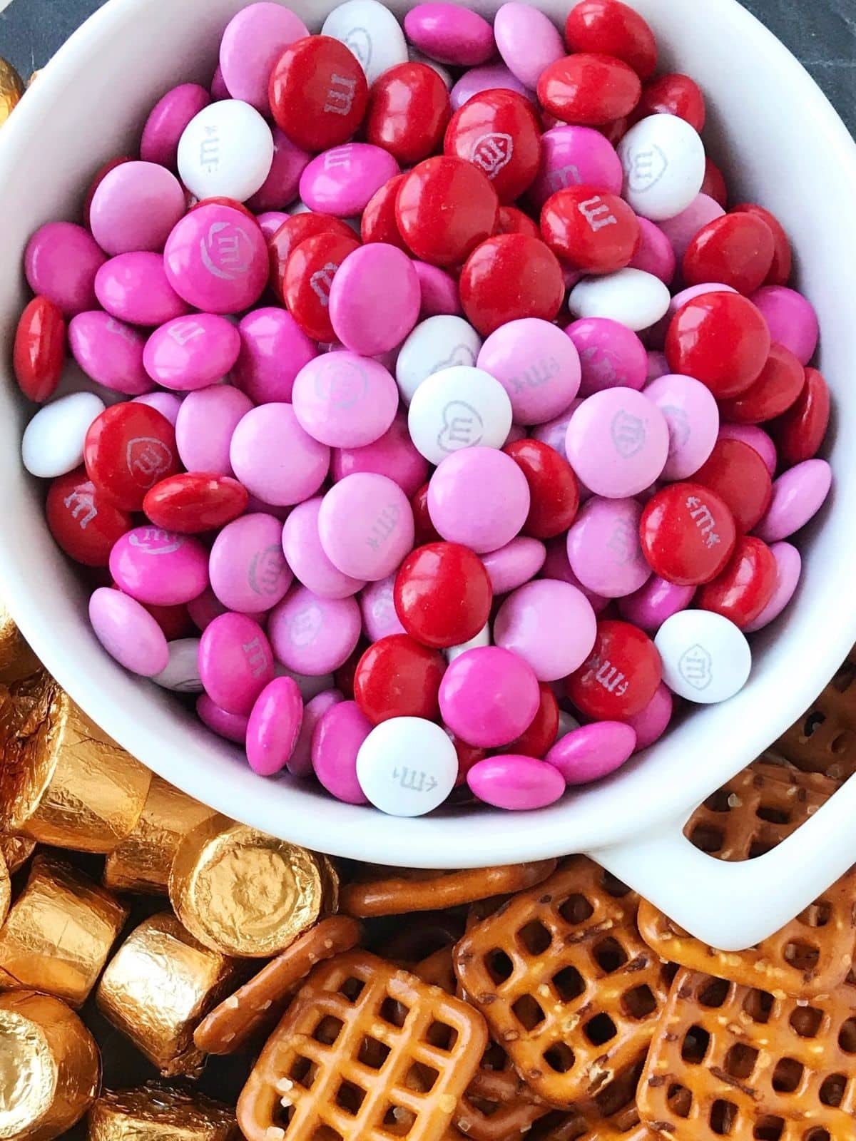 close up of M&M candies in a dish