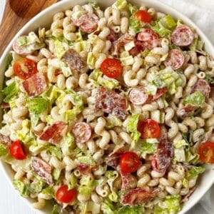 large serving bowl of pasta salad