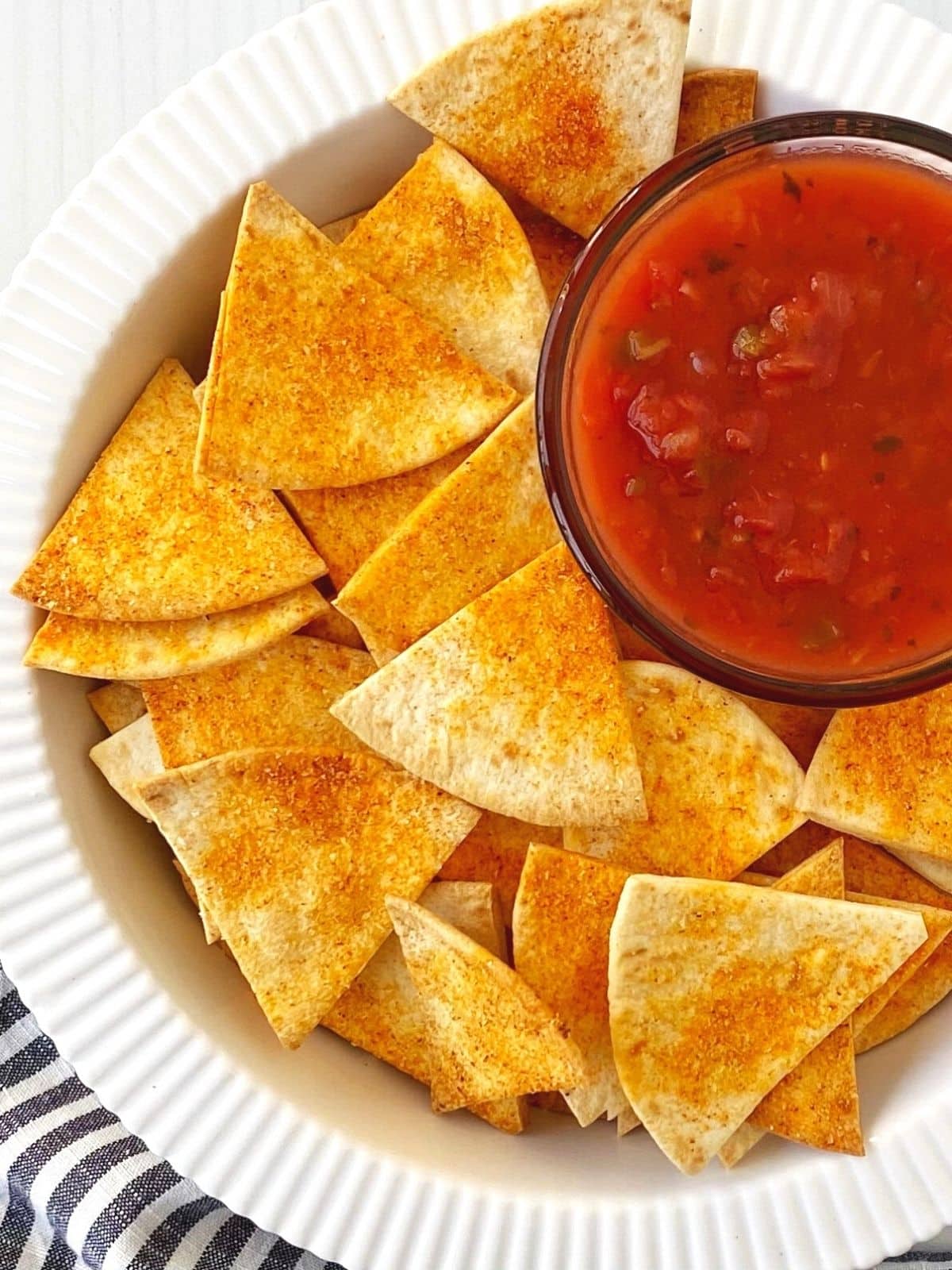 close up of dish of chips and salsa