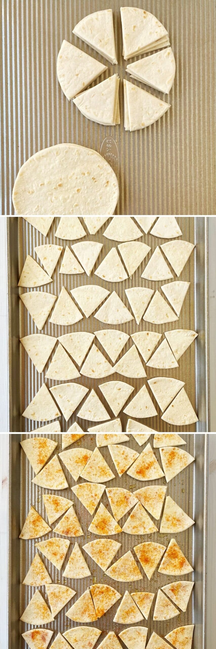 tortillas cut into wedges, arranged on a baking sheet, and sprinkled