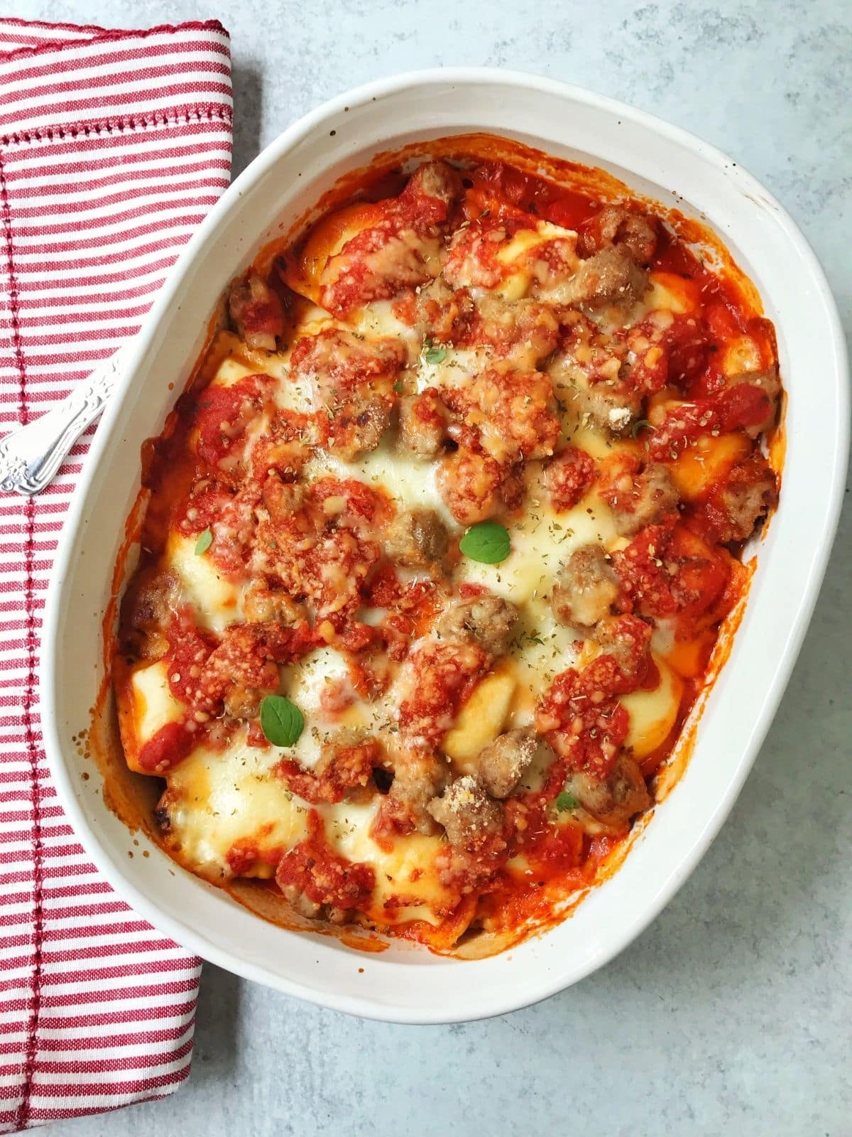 pasta bake in a white casserole dish