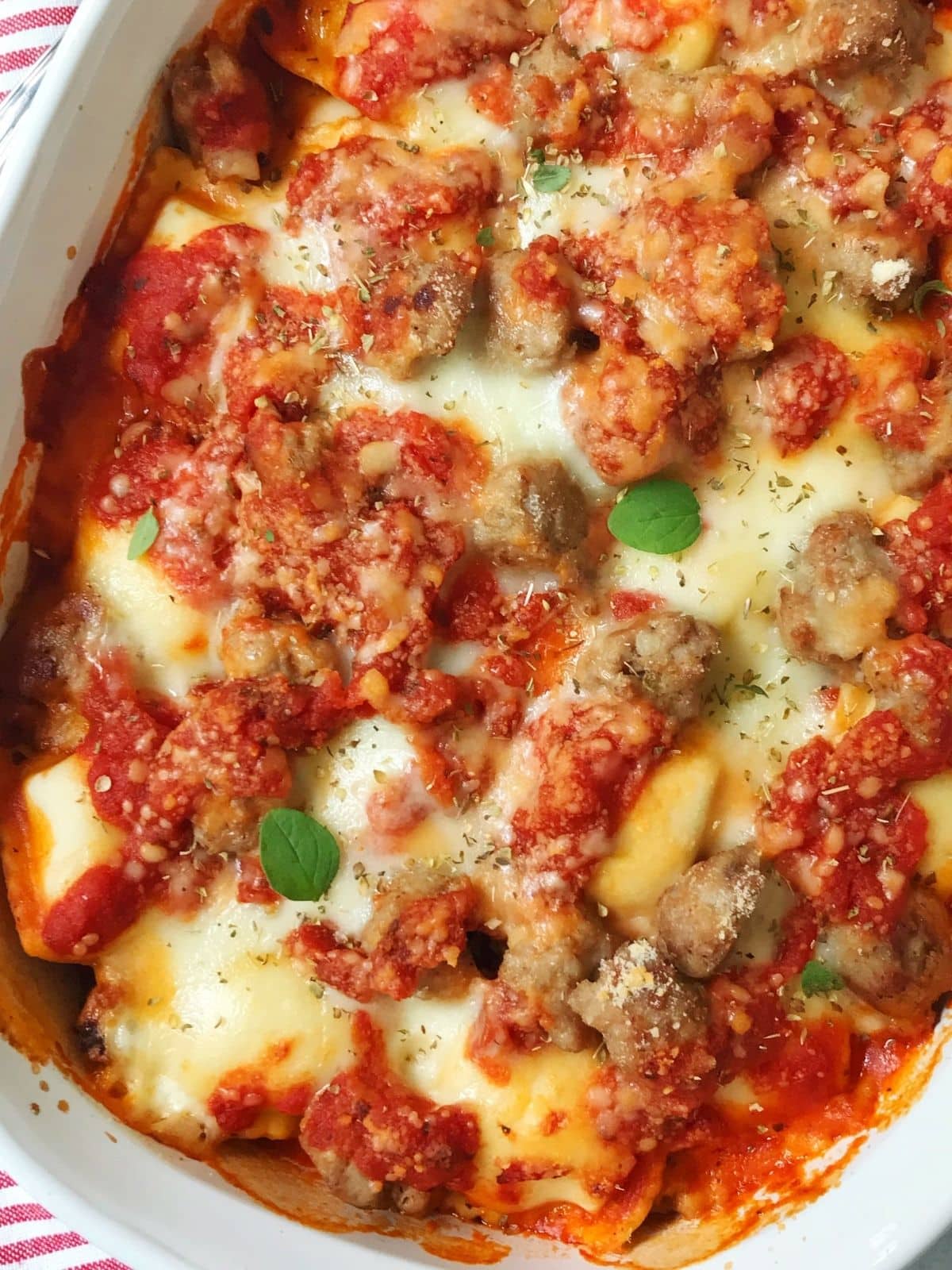 close up of pasta bake in casserole dish