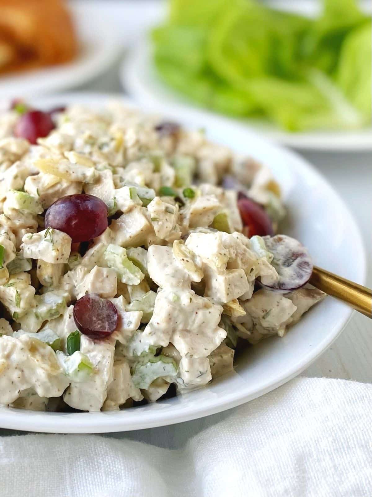 close up of bowl of chicken salad