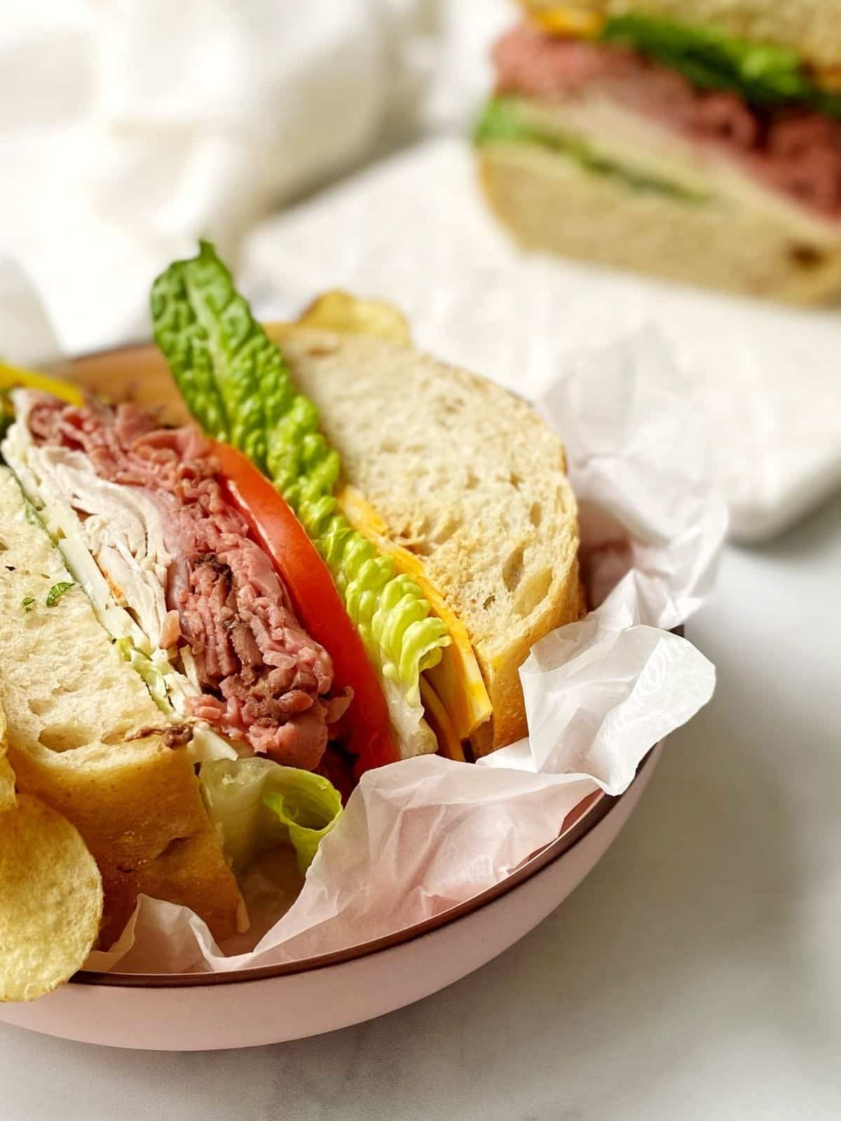 close up of slice of sandwich in a dish