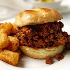 sloppy joe sandwich on a white plate with tater tots