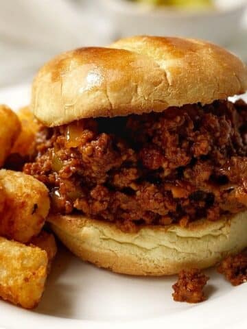 sloppy joe sandwich on a white plate with tater tots