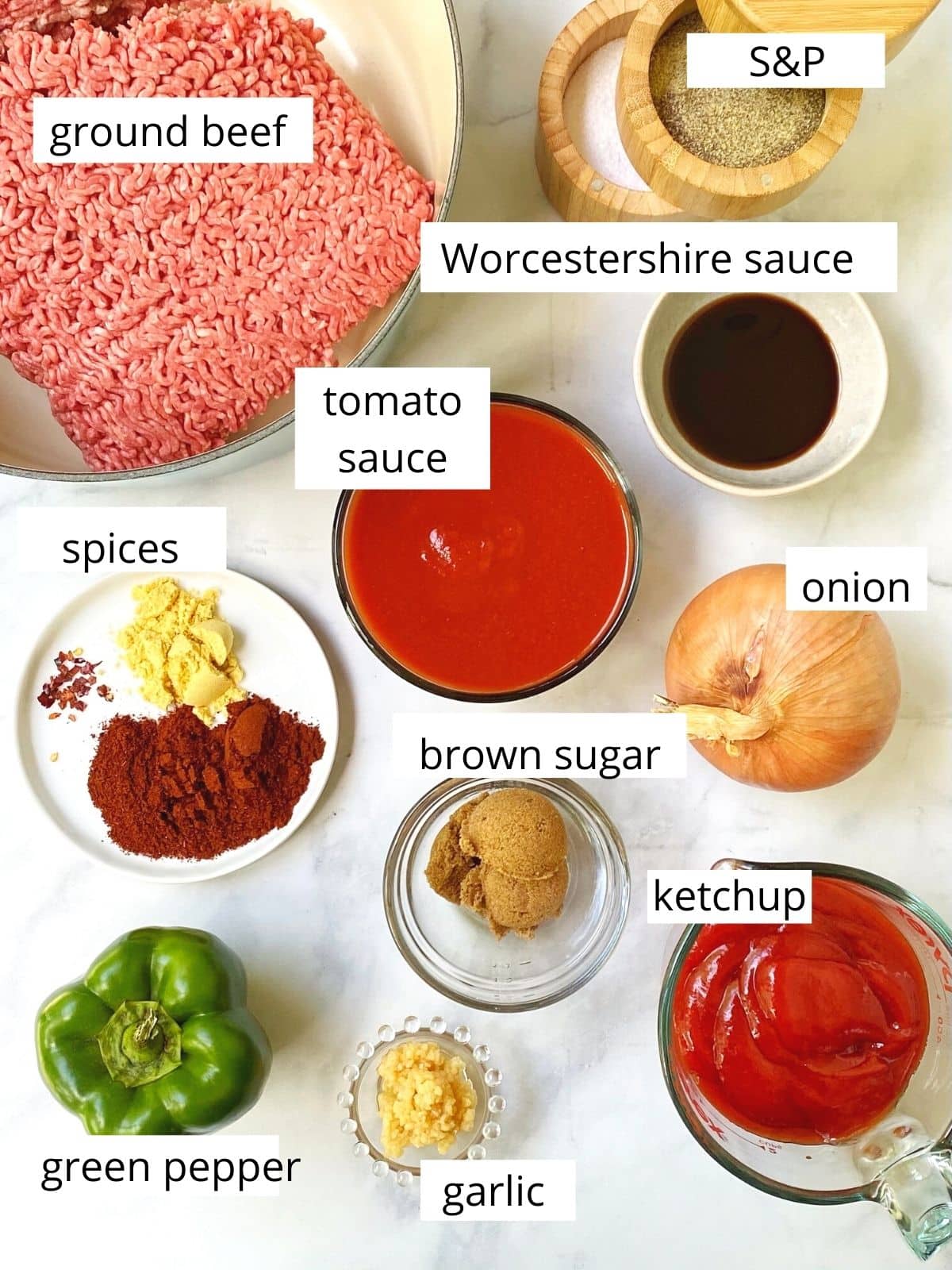 array of ingredients - ground beef, Worcestershire sauce, tomato sauce, ketchup, onion, green pepper, brown sugar, spices, garlic