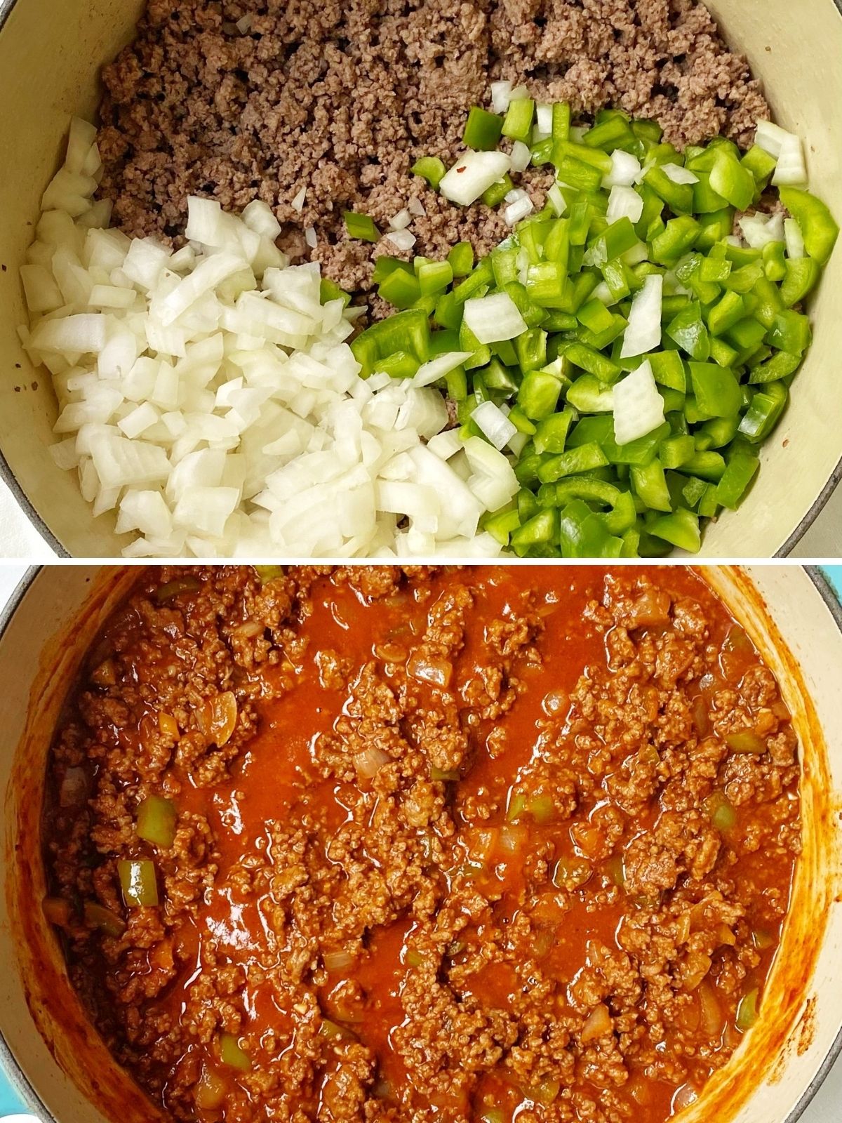 pot of browned ground beef with onions and peppers added and a pot with the sauce ingredients stirred in