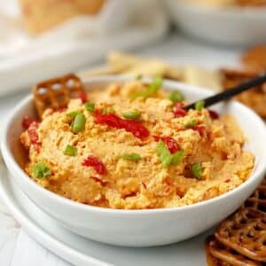 close up of dish of pimento cheese