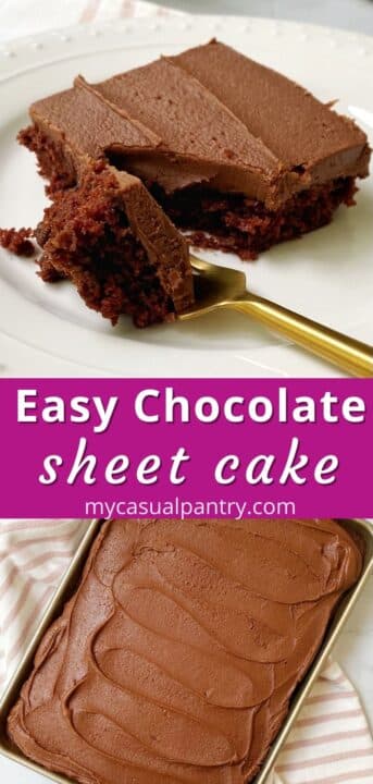forkful of cake next to a slice of cake on a white plate and a sheet pan of cake