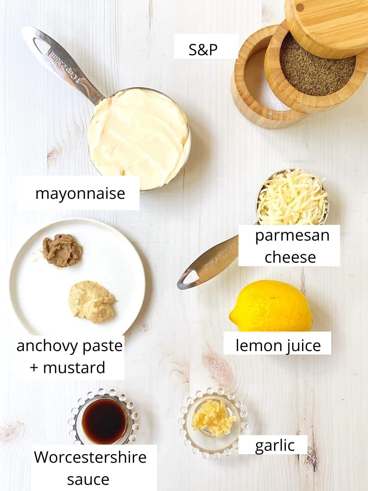 array of ingredients - mayo, Parmesan cheese, lemon juice, garlic, Worcestershire sauce, anchovy paste, mustard, salt and pepper