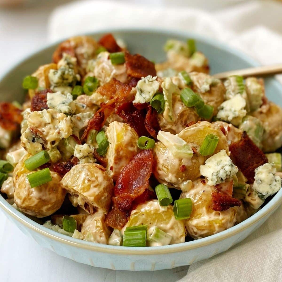 close up of bowl of buffalo potato salad.