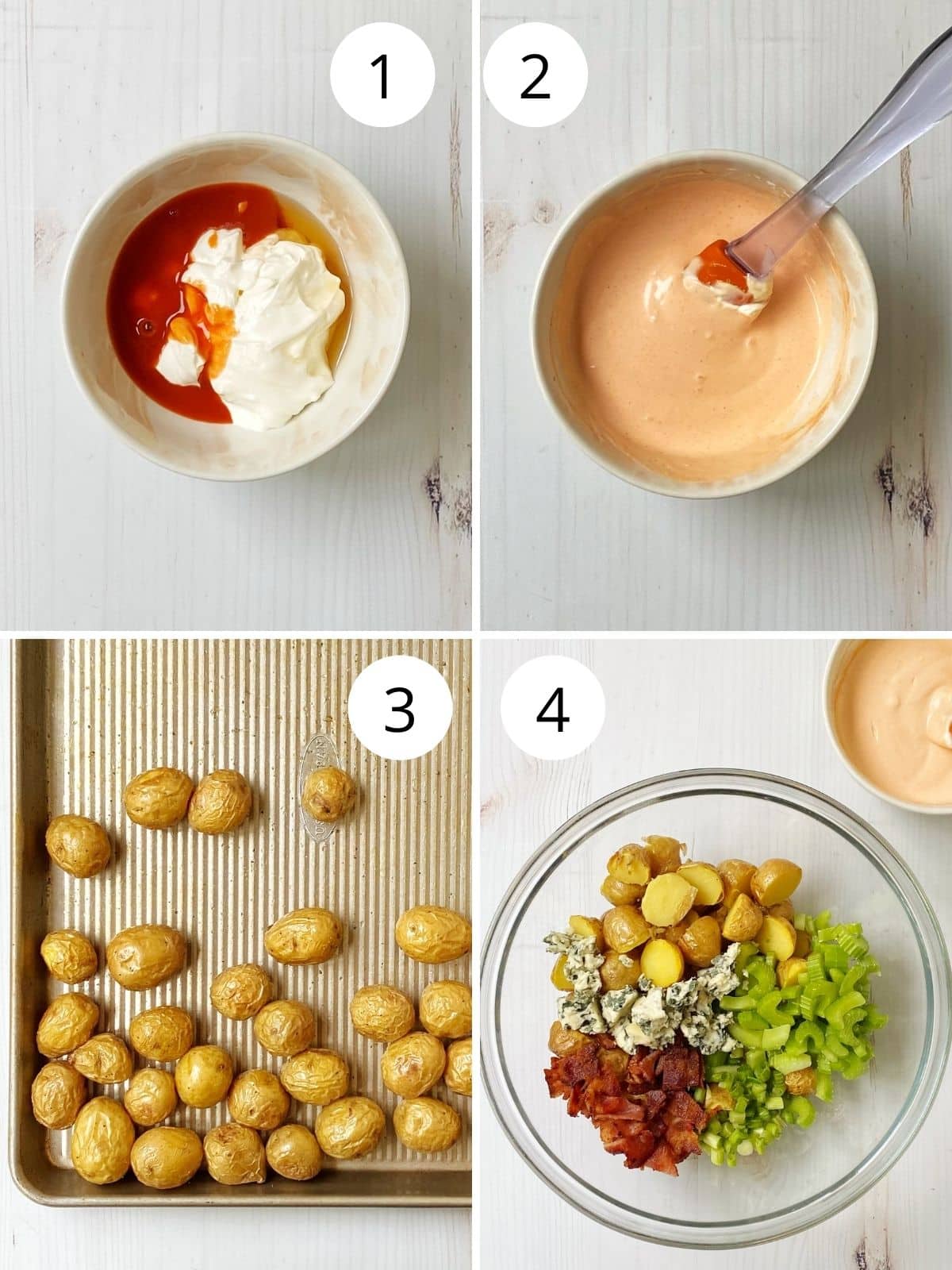 buffalo potato salad mixing dressing and salad components.