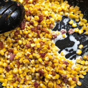 skillet of corn and pancetta.