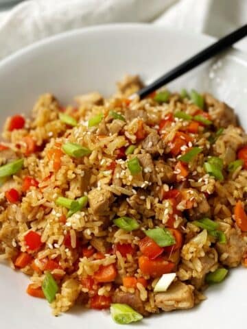 close up of pork fried rice wo eggs in bowl
