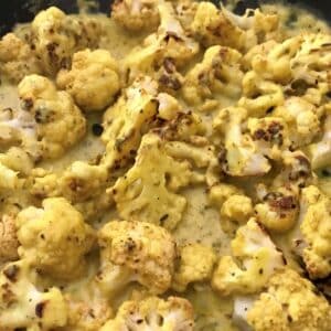 skillet of curried cauliflower.