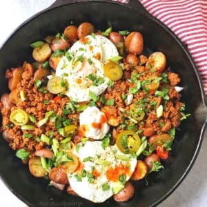 skillet of chorizo potato hash.