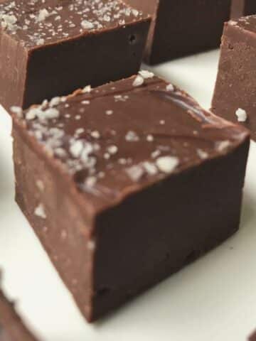 close up of fudge on a plate.