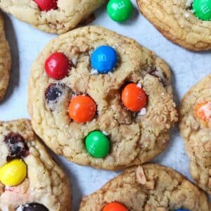 close up of toffee hazelnut mm cookies.