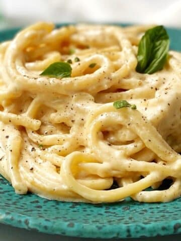 close up of pasta in alfredo sauce on a plate