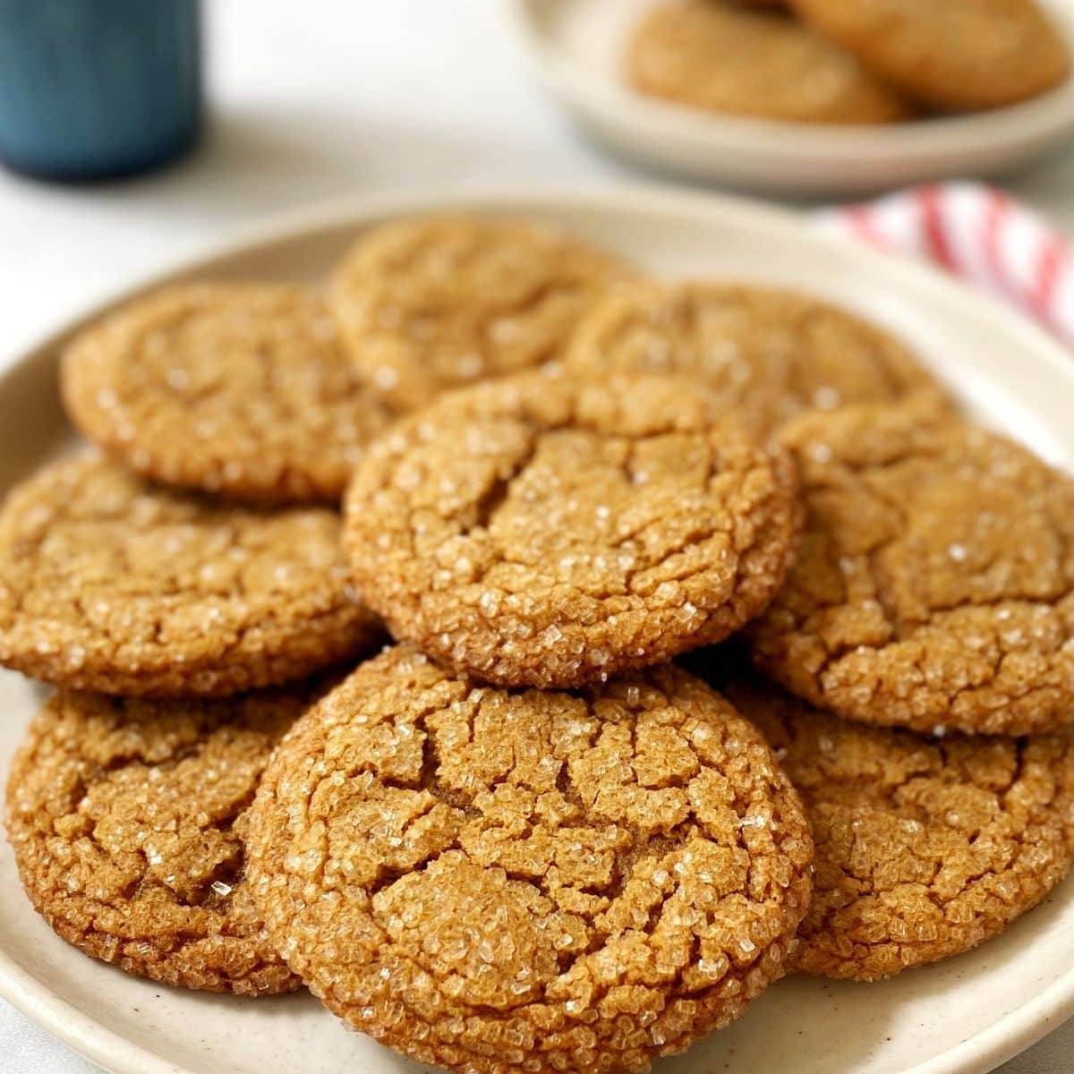 close up of ginger crinkle cookies on a plate.