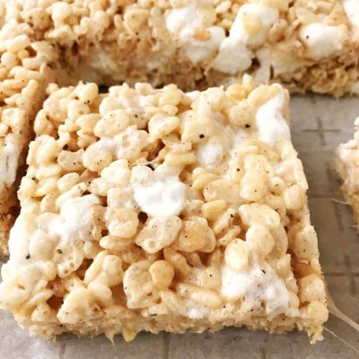 Sliced maple brown butter rice krispie treats.