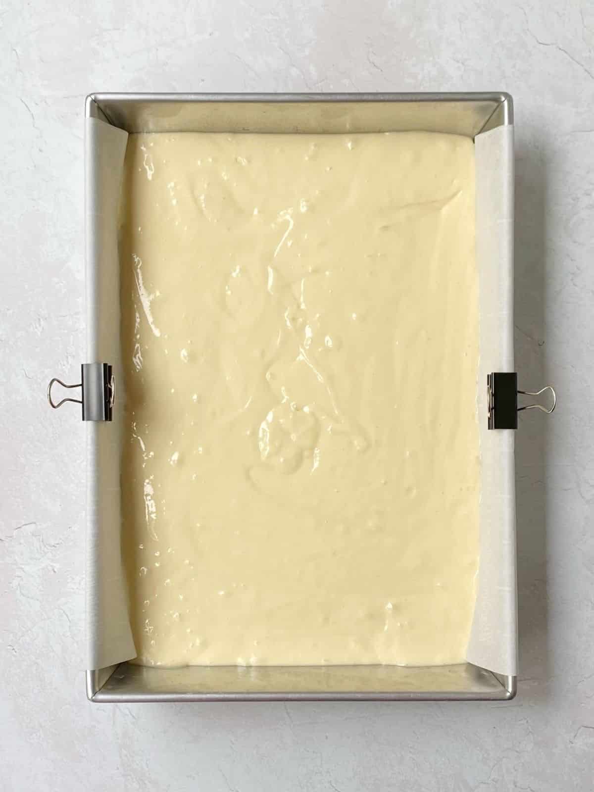 cake batter in prepared pan.