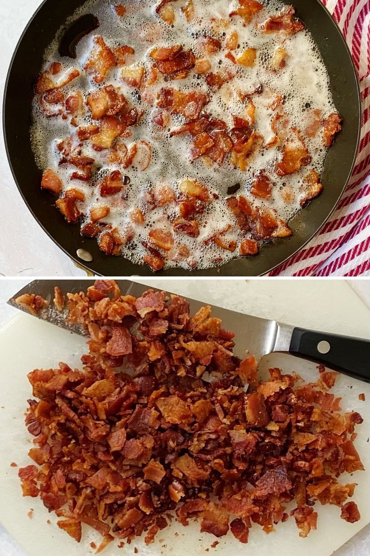 cooking and chopping bacon for dip.