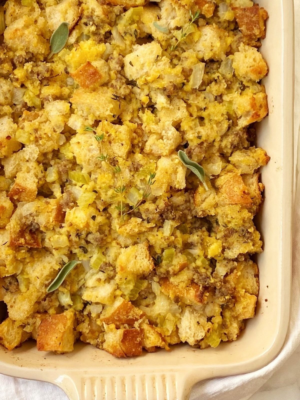 casserole dish of cornbread sausage dressing.