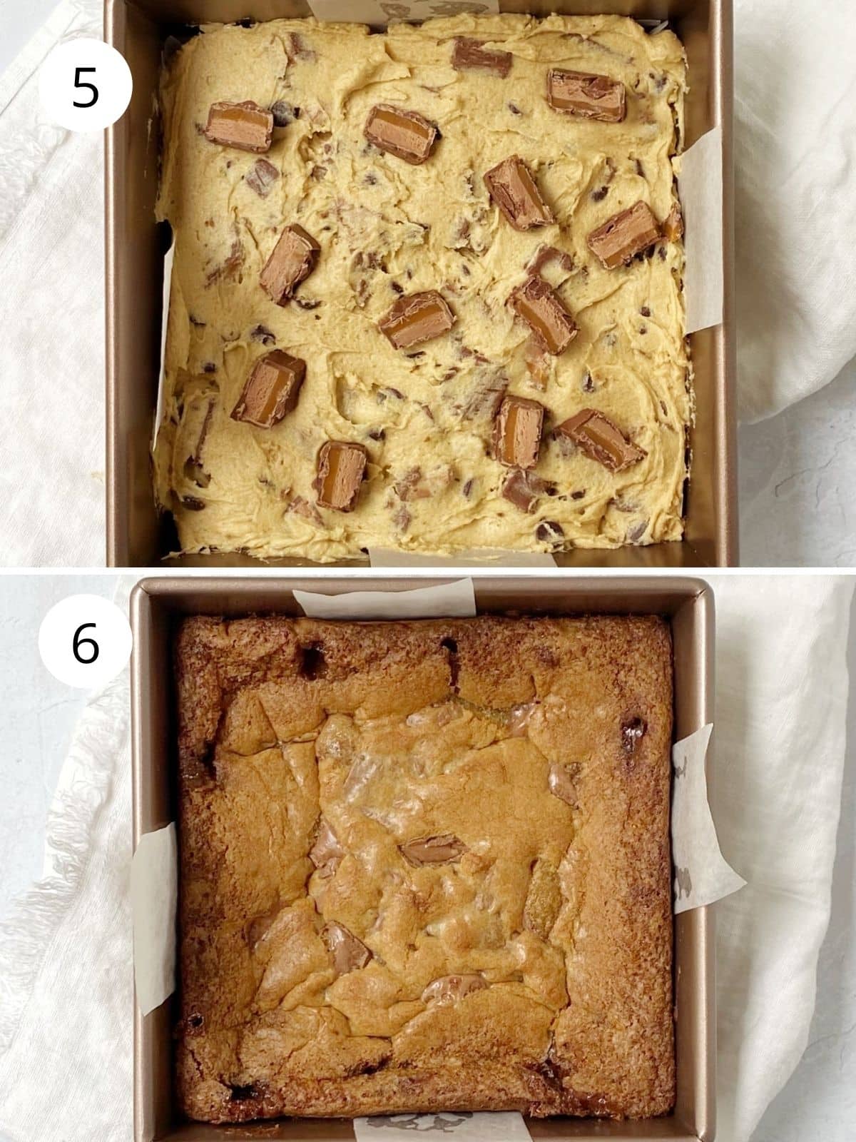 milky way blondie dough in pan before and after baking