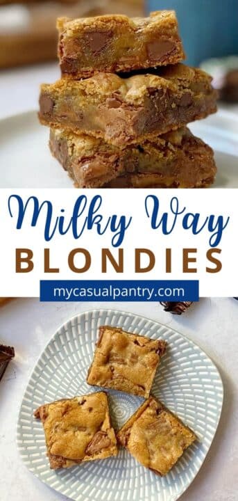 blondies stacked and arranged on a plate.