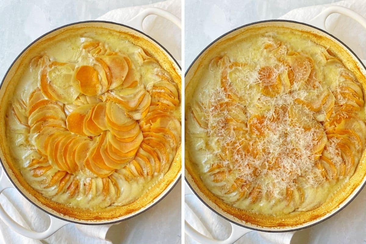 baked gratin and gratin with cheese added to top