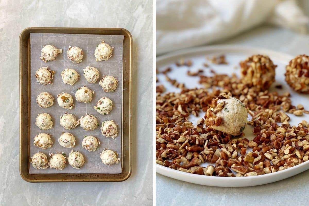 forming cheese balls and rolling them pecans