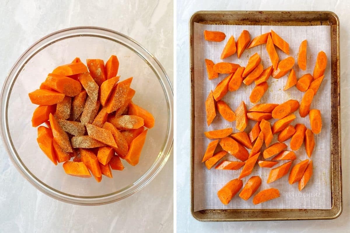 seasoning chopped carrots and spreading on sheet pan