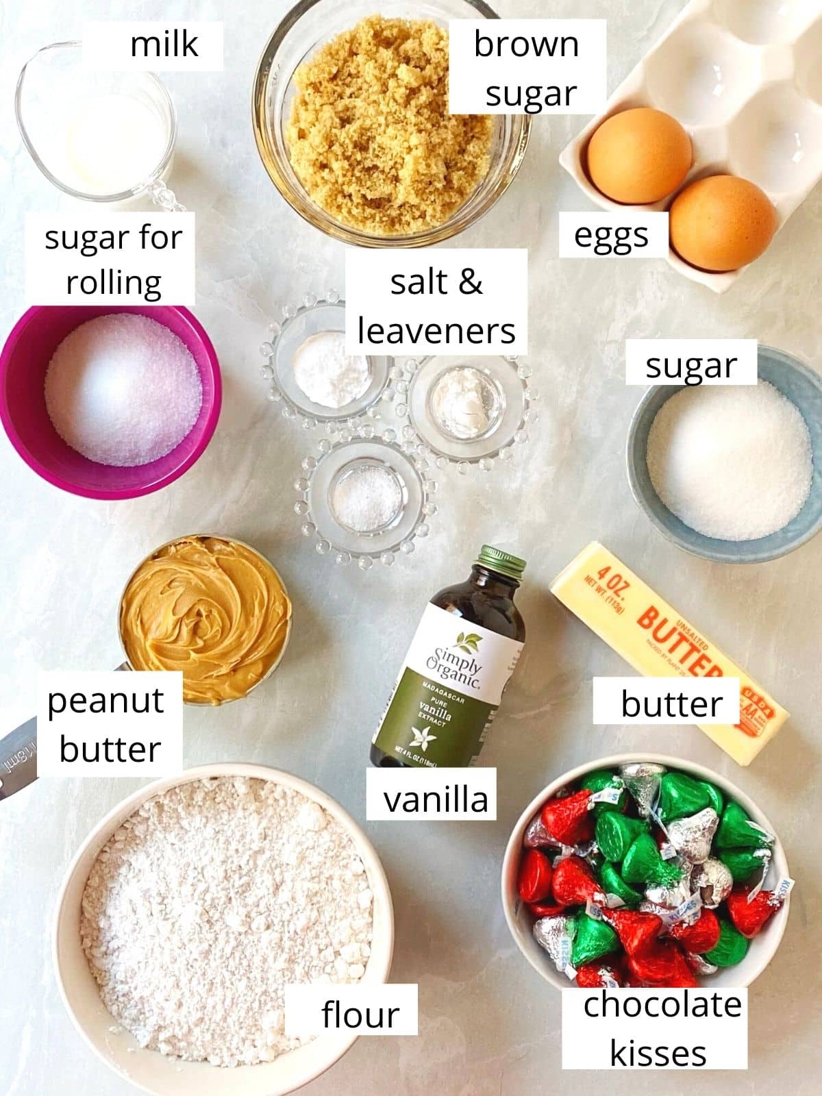 ingredients for peanut butter kiss cookies.