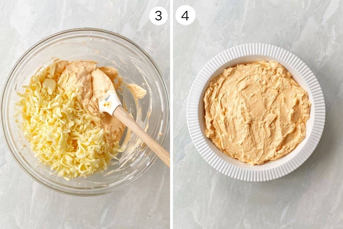 mixing dip and spreading in baking dish.