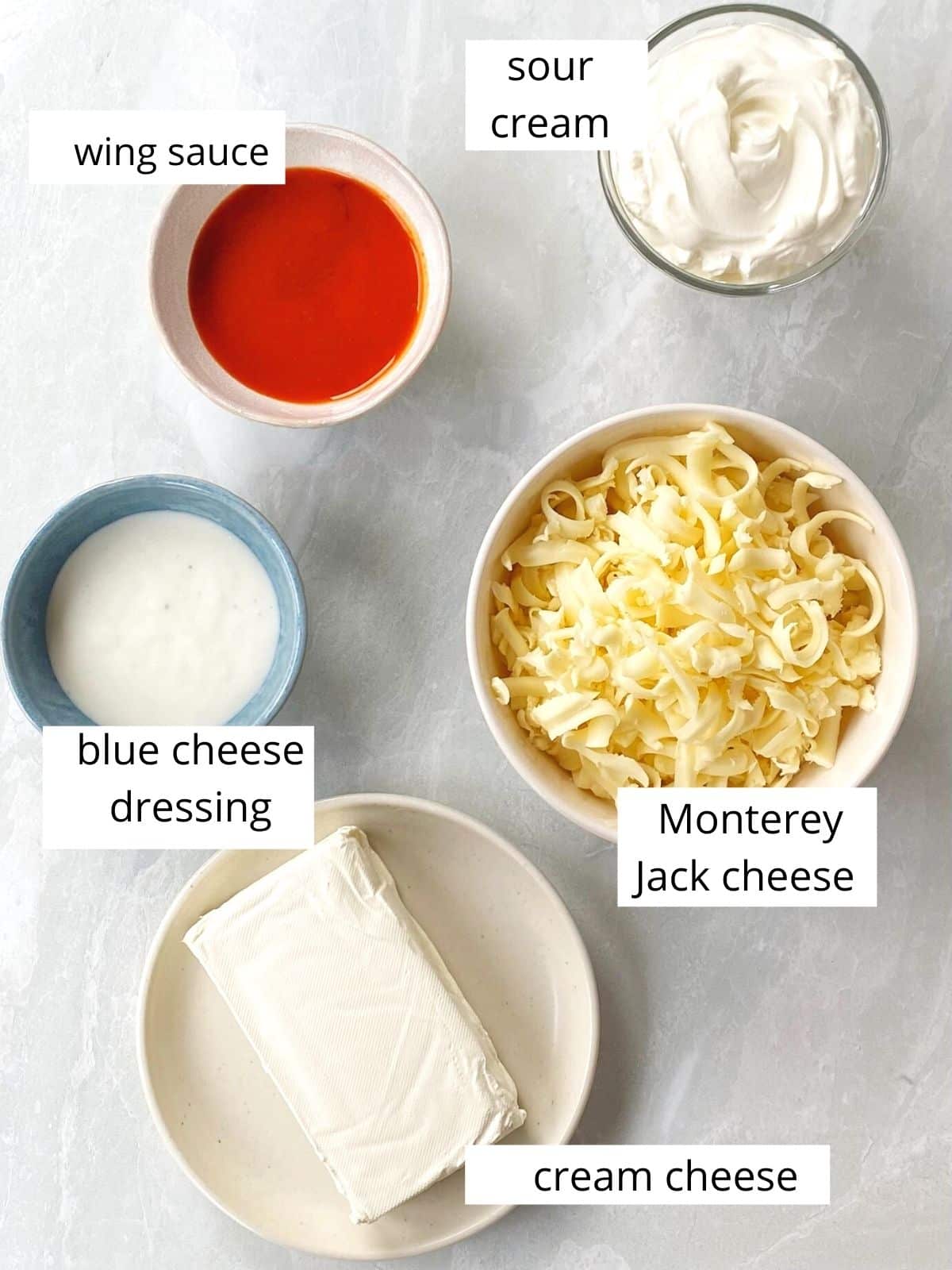 ingredients for buffalo cheese dip.