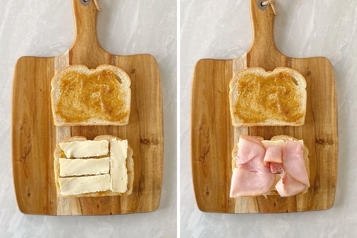 building grilled cheese with cheese and ham