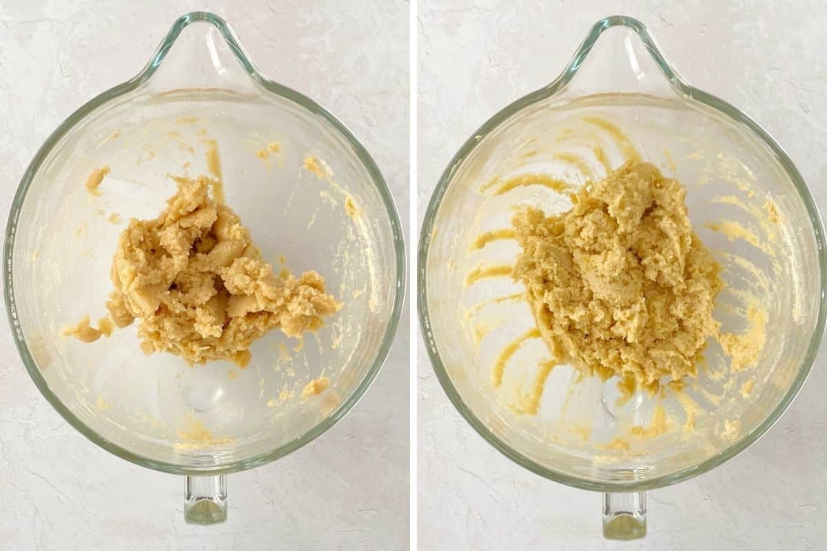 mixing butter, sugar, and eggs for cookie cake dough