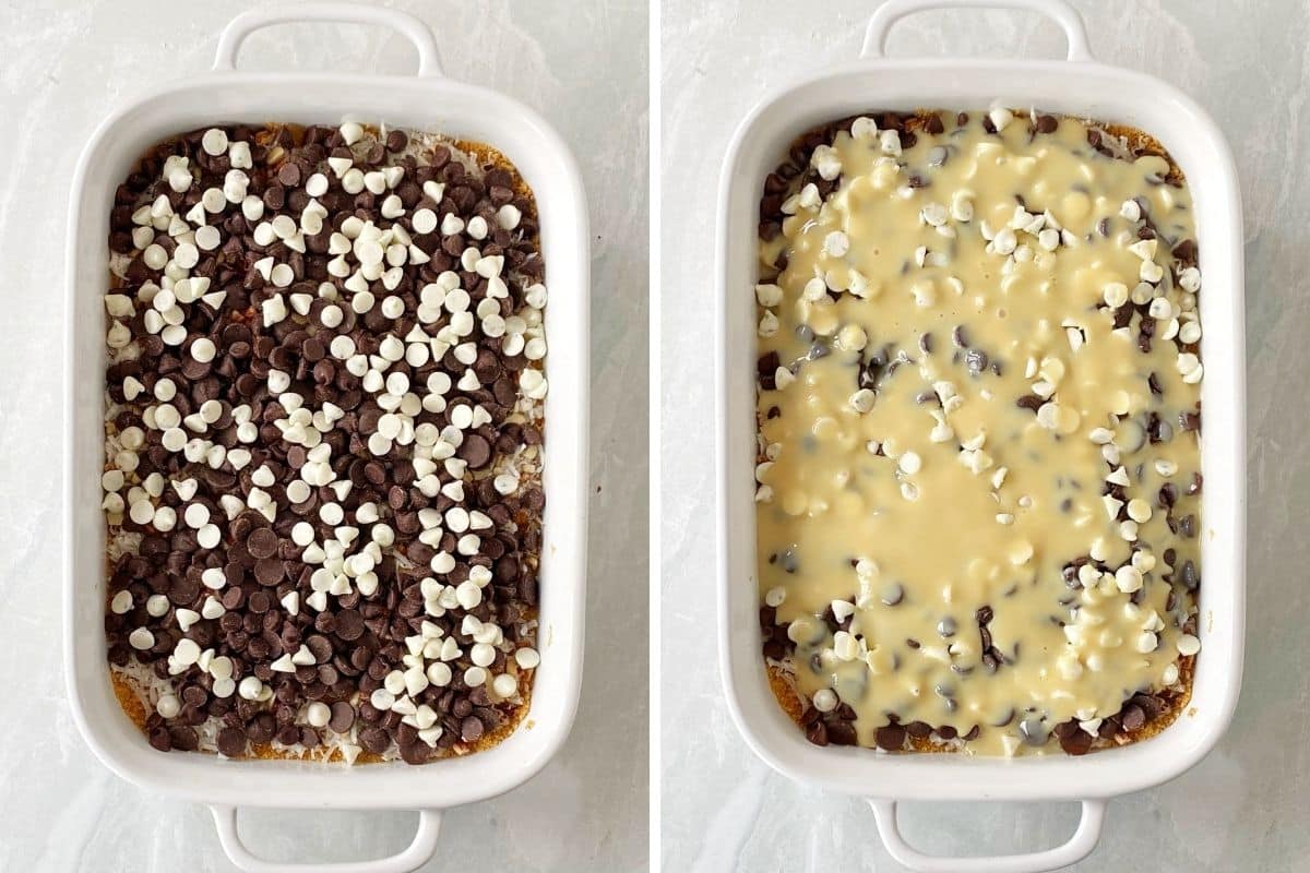 adding chocolate chips and condensed milk to magic cookie bars