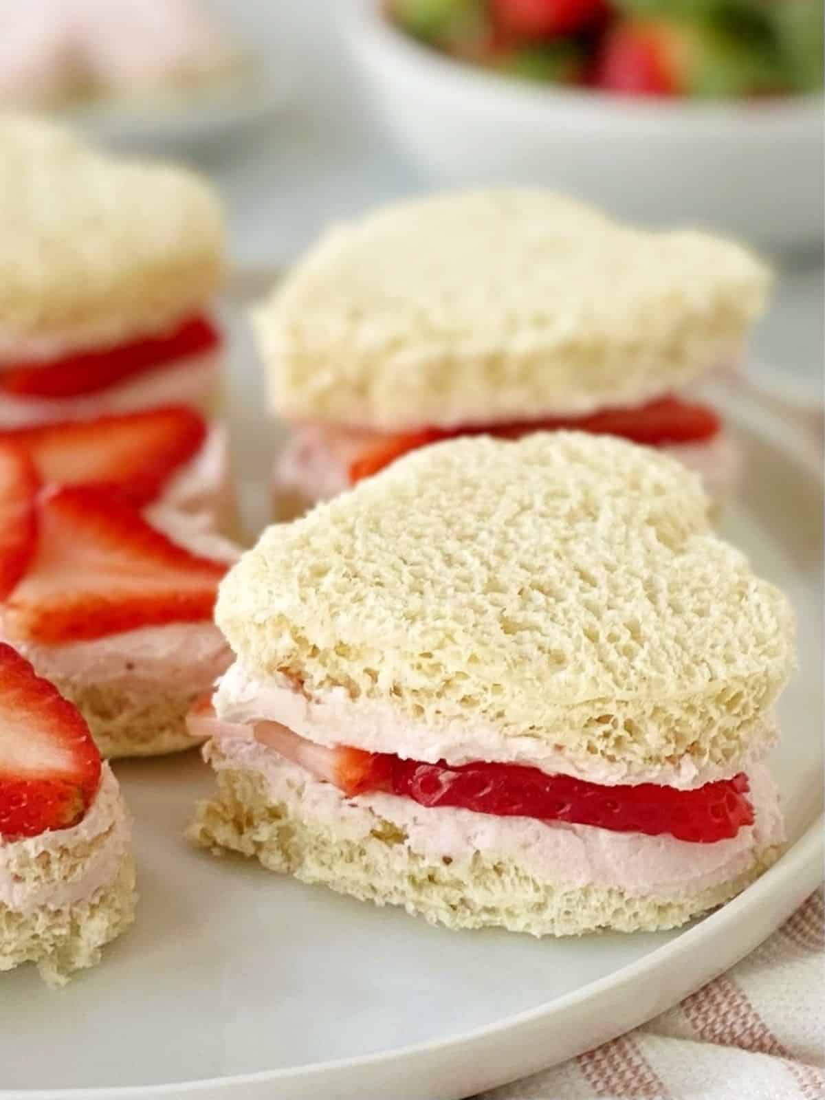 close up of strawberry tea sandwiches.