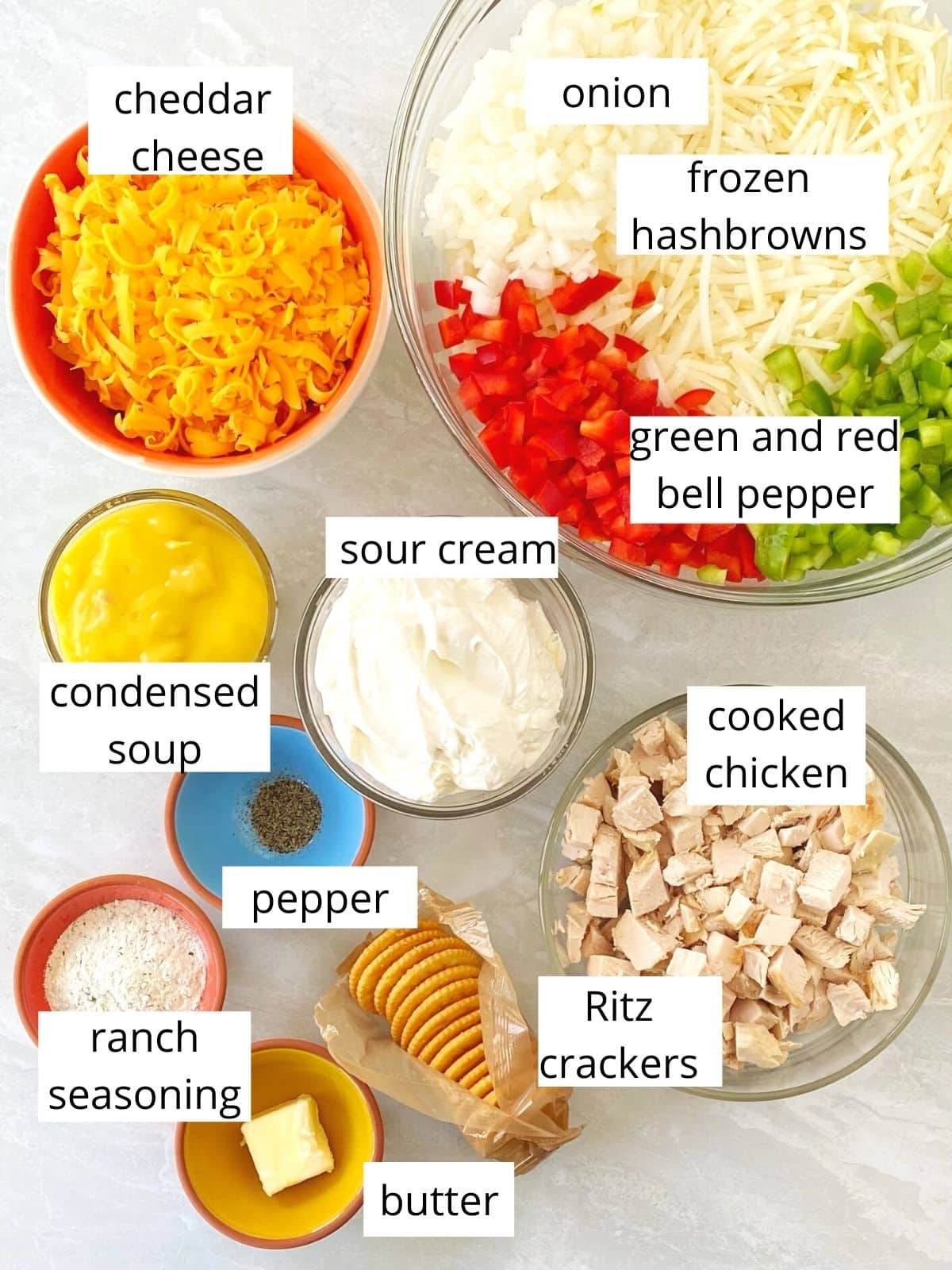 ingredients for chicken hash brown casserole.