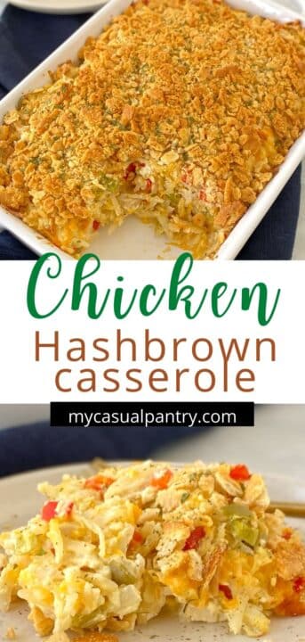 casserole dish and plate of hash brown casserole.