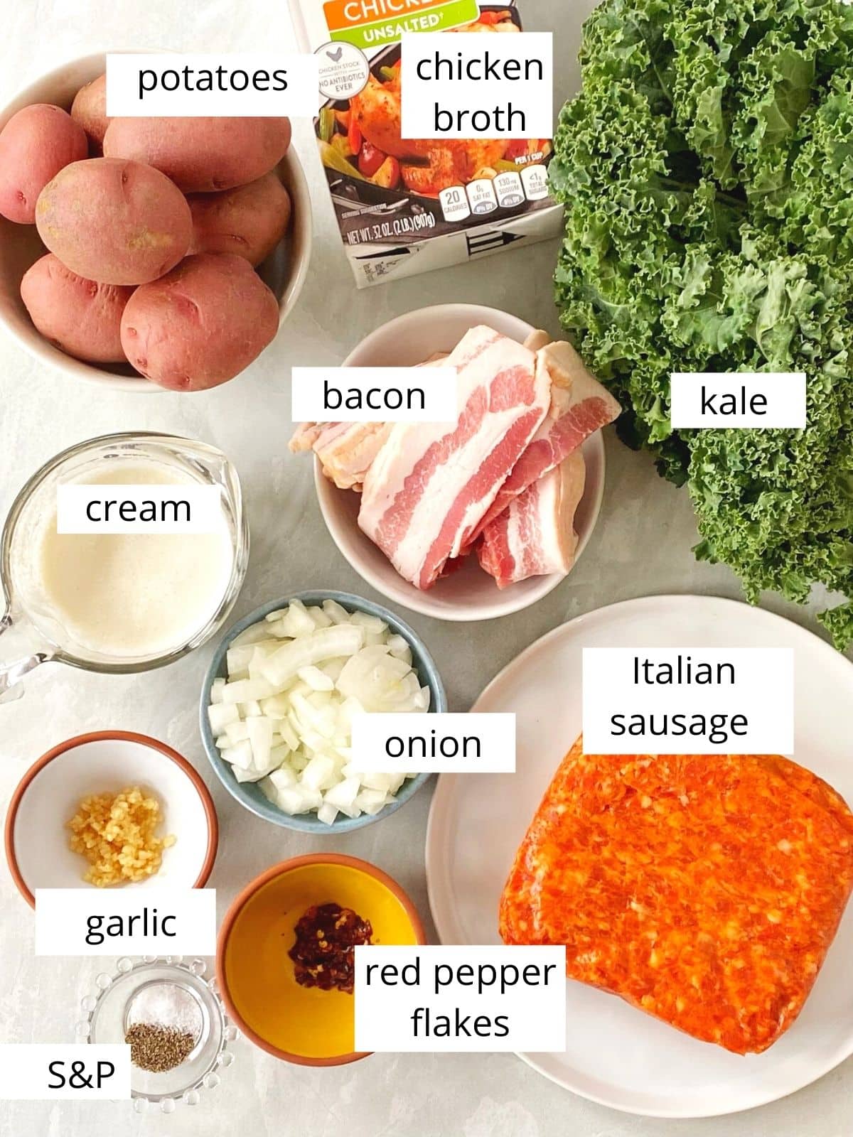 ingredients for kale and potato soup with sausage