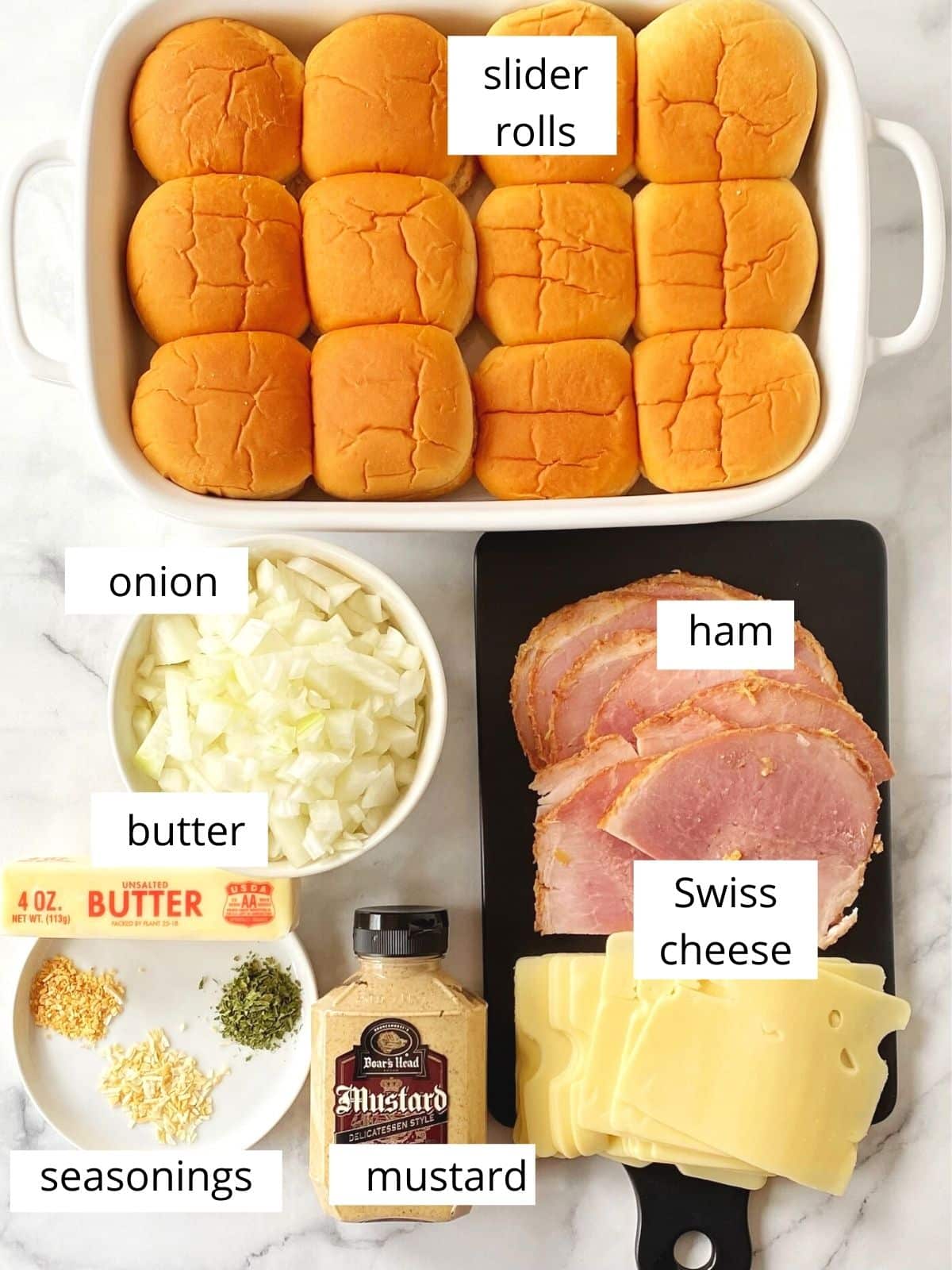 ingredients for ham and swiss sliders.