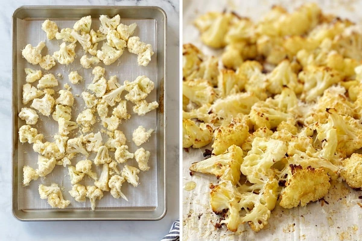 cauliflower on sheet pan before and after roasting.
