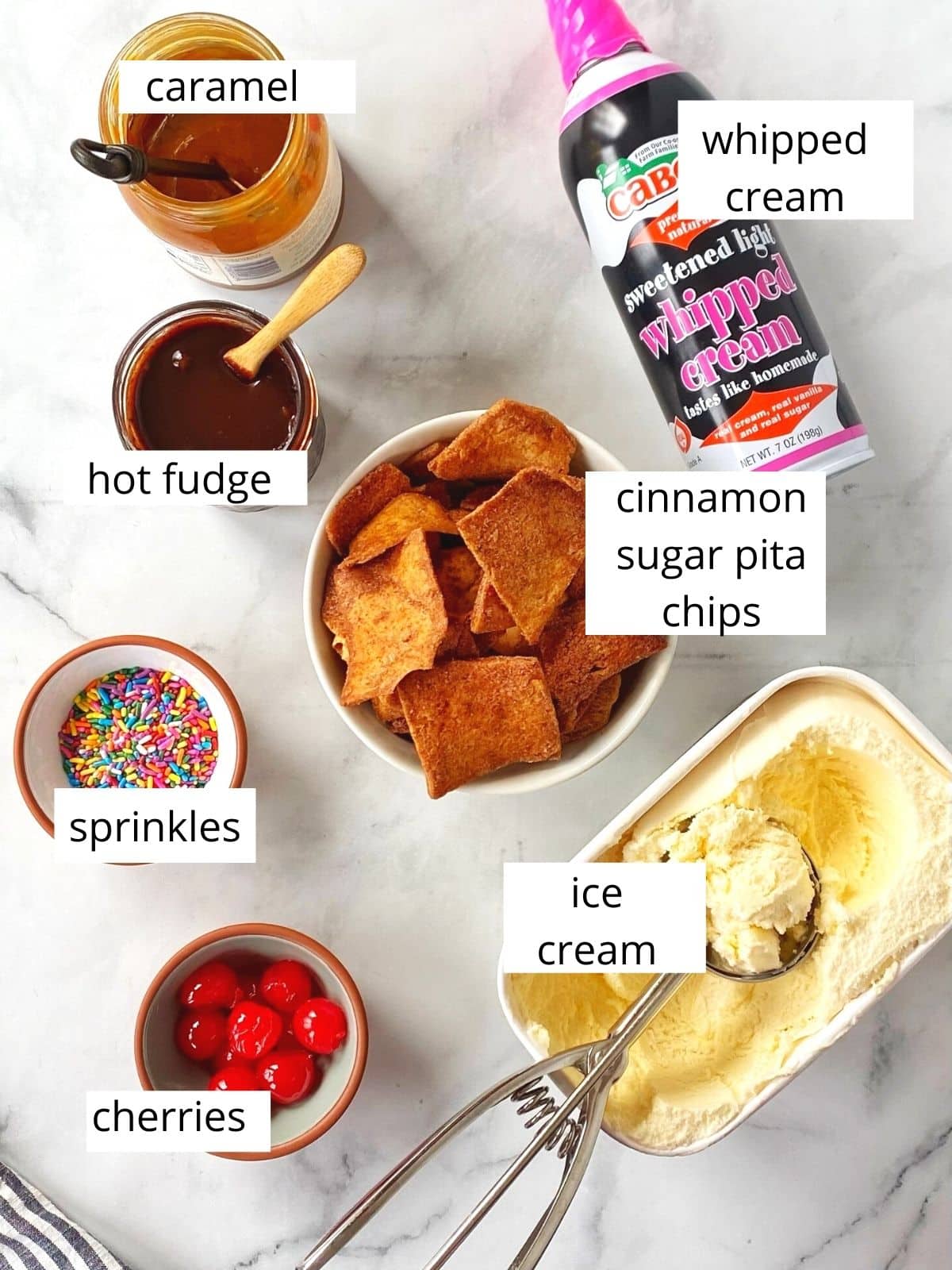 ingredients for ice cream sundae nachos.